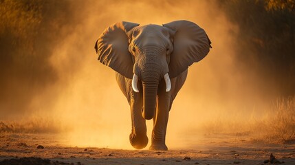 Charging elephant in dusty golden sunset.