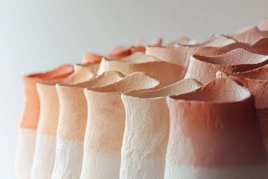 Row of terracotta vases in gradient colors with a textured surface and organic shapes.