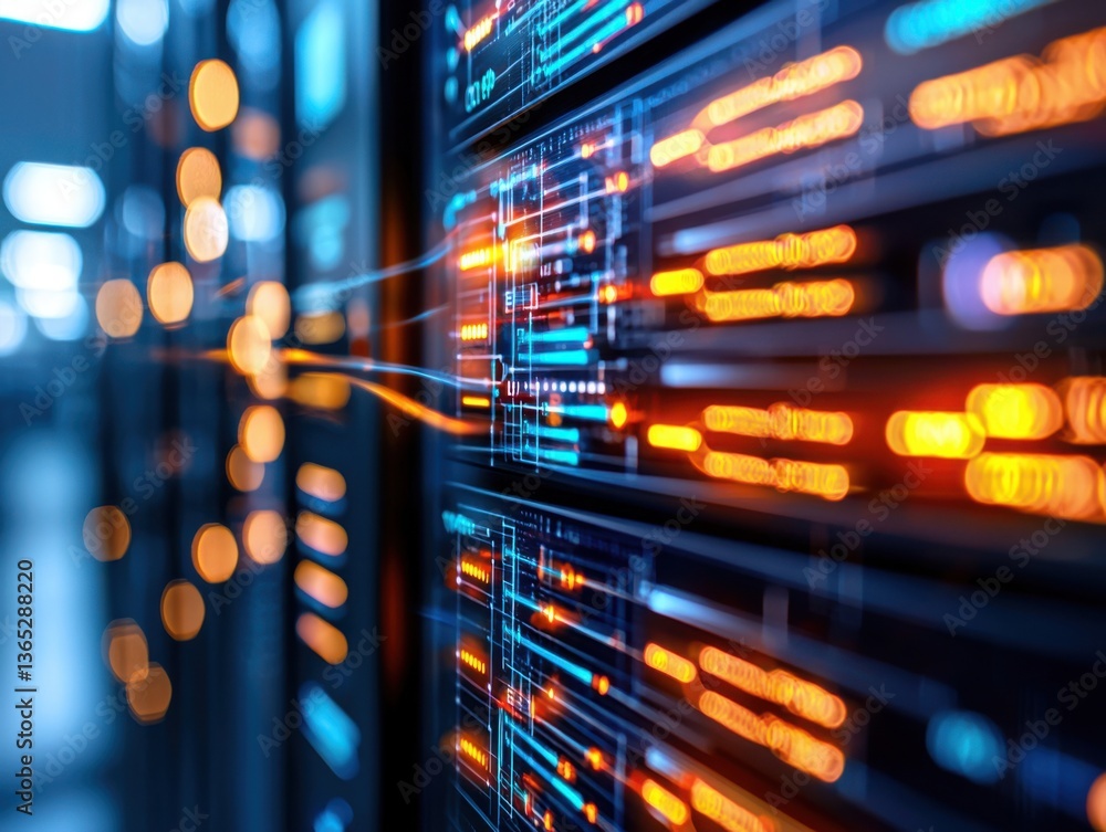 Poster close-up view of high-tech server cabinets with glowing data panels in a modern data center
