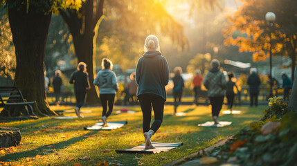 A group of seniors practicing yoga, fitness, and Pilates in a peaceful park setting, promoting an active and healthy lifestyle, well-being, and relaxation in nature