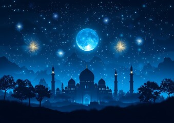 A Silhouetted Palace Underneath a Brilliant Moonlit Night Sky