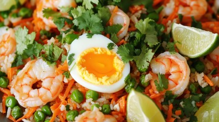 A colorful and flavorful Thai fried rice with shrimp, egg, peas, and carrots, garnished with cilantro and lime wedges.