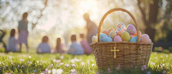 A charming wicker easter basket filled with pastel eggs atop soft linen surrounded by family in a sunlit garden