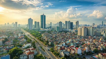 Obraz premium High angle view depicts a modern city skyline with structures