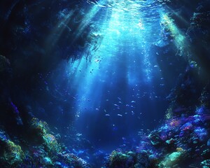 Obraz premium Sunbeams illuminate a vibrant underwater cave, revealing colorful coral and swimming fish. A magical, serene underwater scene.