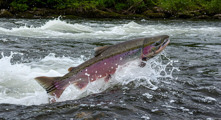 Obraz premium Salmon's arduous journey: fighting upstream through whitewater rapids to spawn