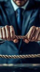 A person in a suit tearing a piece of sturdy rope