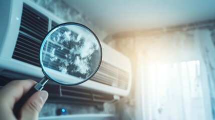 Close-up of dust and dirt inside an air conditioner viewed through a magnifying glass. PM2.5 pollution in the living room leads to poor air quality, causing respiratory issues, allergies, health risks