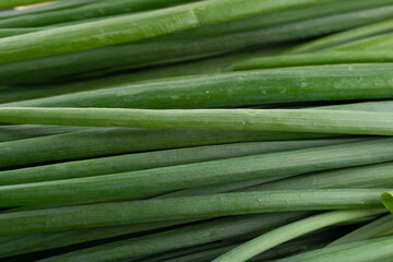 Fresh green onions piled together, showcasing their vibrant color and crisp texture for culinary...