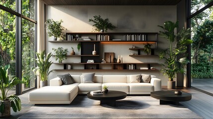 Obraz premium Minimalist living room boasts cream sectional sofa, dark wood shelves, and abundant greenery against hardwood floors. Neutral palette and clean lines create zen-like contemporary space. 