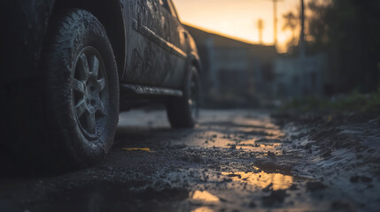 Close up car wheels while parked on dirty road with pothole