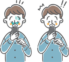 スマホを見て驚く男性　上半身　ベクター
