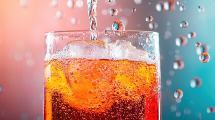 A fun and playful soda fountain machine dispensing a fizzy drink into a glass, with bubbles and ice overflowing.