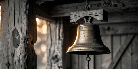 Obraz premium old brass bell hanging in a wooden structure with wooden beams.