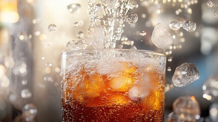 A fun and playful soda fountain machine dispensing a fizzy drink into a glass, with bubbles and ice overflowing.