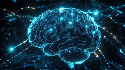 Futuristic biomechanical brain illuminated by glowing fiber-optic cables showcasing advanced AI processing capabilities