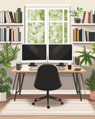 Fototapeta premium Modern workspace setup featuring dual monitors, ergonomic chair, and plants in a bright home office
