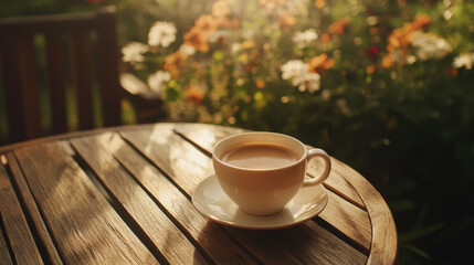 Coffee cup on a wooden table, radiating warmth and simplicity, evoking a sense of calm and morning serenity