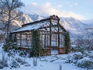 Snowy winter scene with an old, weathered greenhouse nestled against a backdrop of majestic, snow-capped mountains and a clear sky.