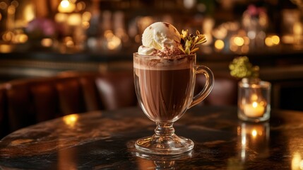 A luxurious hot chocolate served in a glass mug, topped with a scoop of vanilla ice cream slowly melting into the drink.