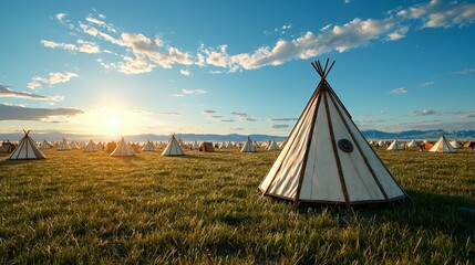 Sunrise over a Nomadic Tent Village in a Grassy Field