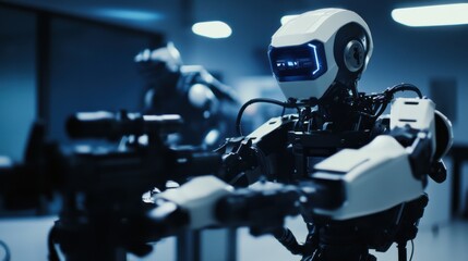 An innovative robotics lab where robotic arms are assembling drones for 3D mapping and surveying, AI-driven systems ensuring precise flight paths and data collection, High-tech style