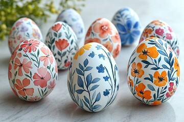 Fototapeta premium A close-up shot of an Easter egg with a flower painting on it. Generative AI 