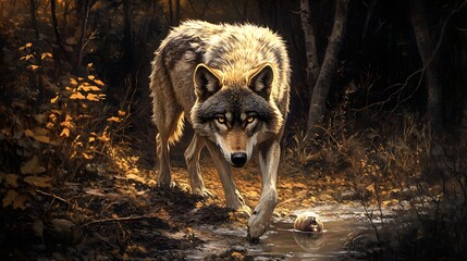 Obraz premium A wolf stalking its prey at dusk