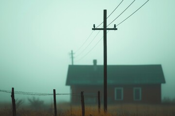 Foggy countryside scene with a house, fence, and power lines in a muted color palette