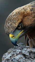 A detailed illustration of a fierce eagle on a rocky perch, sharp beak and piercing eyes, with a dark blurred background. 