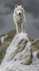 A detailed illustration of a lone wolf on a snowy mountain, sharp eyes glowing in the moonlight, surrounded by frosty trees.