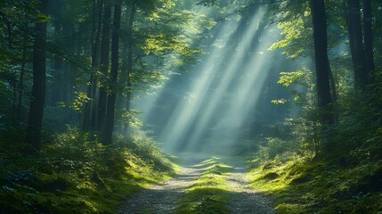 Obraz premium Mystical forest pathway reveals ethereal light beams piercing morning mist among ancient evergreens. Moss-covered ground and winding trail create an enchanted scene with dramatic cinematic lighting