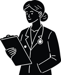 Minimalist Female Doctor Icon in Black with Clipboard on Transparent Background