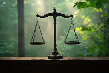 Scales of justice stand poised against a backdrop of lush greenery, symbolizing balance, nature, and ethical considerations within the environment.