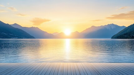 A serene sunset over a calm lake, framed by majestic mountains, creates a tranquil and picturesque landscape.