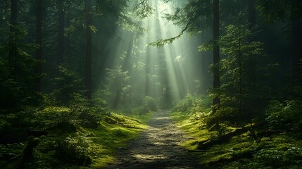 Obraz premium Mystical forest pathway reveals ethereal light beams piercing morning mist among ancient evergreens. Moss-covered ground and winding trail create an enchanted scene with dramatic cinematic lighting