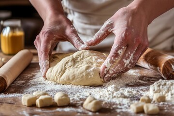 Fototapeta premium Two hands work the dough on a floured wooden table, preparing it for baking in a warm kitchen filled with light Generative AI