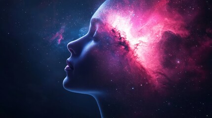 Obraz premium The concept of the big bang in the echo of the human mind. A beautiful woman's face in profile, with the universe and stars behind her, nebulae, and pink and blue colors. 