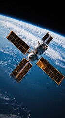 A large spacecraft with solar panels orbits our blue planet