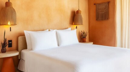 Mediterranean-style hotel suite with a white linen bed, terracotta accents, and warm golden lighting