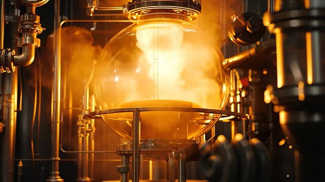 Laboratory setup showcasing a glass vessel with steam and glowing elements in a scientific environment