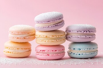 Delightful macarons in pastel colors form a stack on a pink background, dusted with powdered sugar for an appealing dessert presentation Generative AI