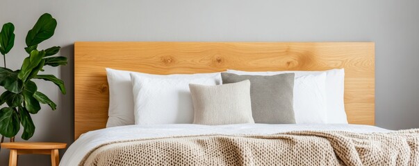 Luxury bed with textured throws, natural wooden furniture, and a modern-rustic aesthetic
