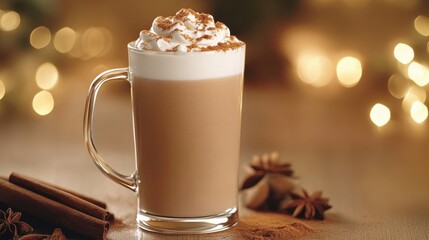 A spiced chai mocktail in a glass mug, topped with frothy milk and a sprinkle of cinnamon, set against a cozy, warm background.