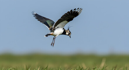 Obraz premium Lapwing in graceful flight, aerial acrobatics over lush green meadow expanse