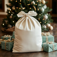 White fabric drawstring bag mockup front christmas tree  blue gift boxes styled festive holiday scene product display packaging presentation template background branding empty blank design layout sale