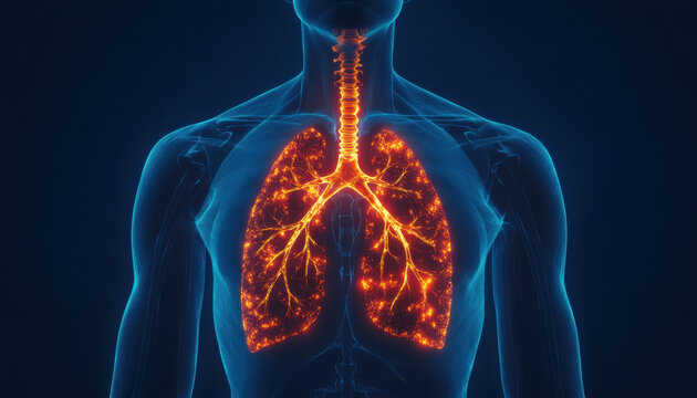 image depicts glowing illustration of human lungs, showcasing intricate details of bronchial tree and respiratory system. vibrant colors emphasize structure and function of lungs, evoking sense