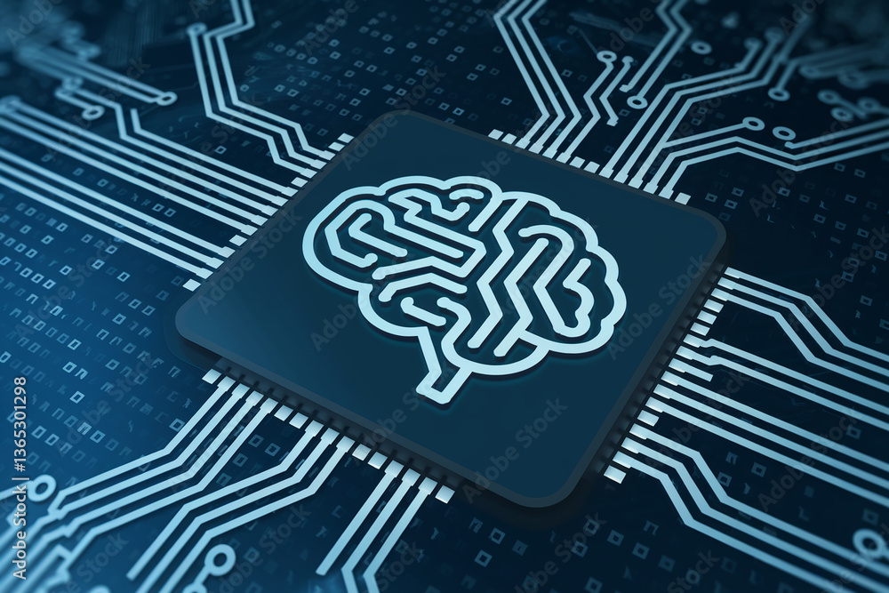 Poster brain icon on a dark blue circuit board, symbolizing artificial intelligence, technology, and neural