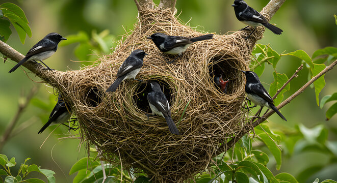 Palmchat family nesting together in communal nests made from natural material