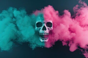 A skull surrounded by vibrant pink and teal smoke creates a striking and eerie visual contrast.